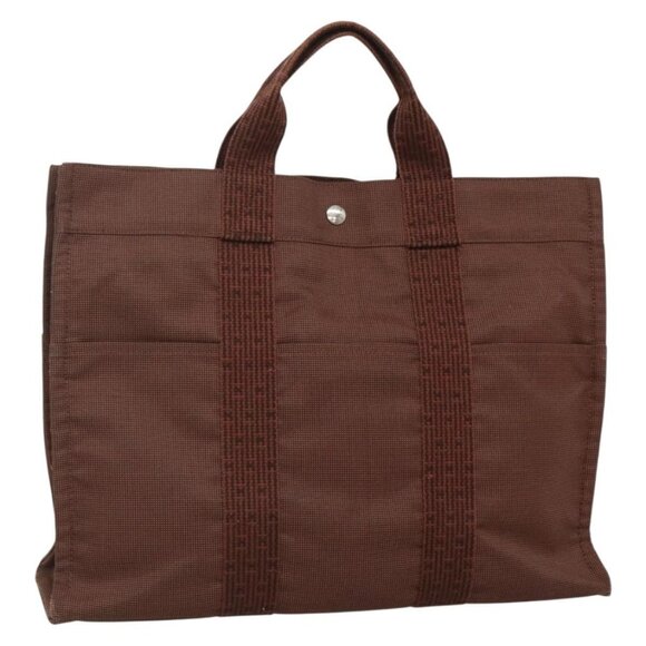 HERMES Her Line MM Tote Bag Canvas Brown Silver Auth bs28518 - Picture 1 of 16
